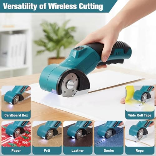 Qidejoy Cordless Cardboard Cutter Electric Scissors, Heavy Duty High-speed Rotary Box Cutter Tools for Fabric, Carpet, Paper, with 2 Blades & Gloves, 4.2V Rechargeable Battery, LED Light, Blue - Thumbnail 4