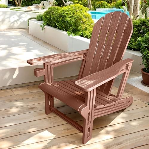 Adirondack Chair with Cup Holder,Tool-Free Assembly,No Screws Needed,All-Weather HDPE Plastic Outdoor Patio Chair,Wood-Grain Slatted Look,Easy to Take Apart for Storage,Fire Pit Chairs(Coffee Brown) - Image 1