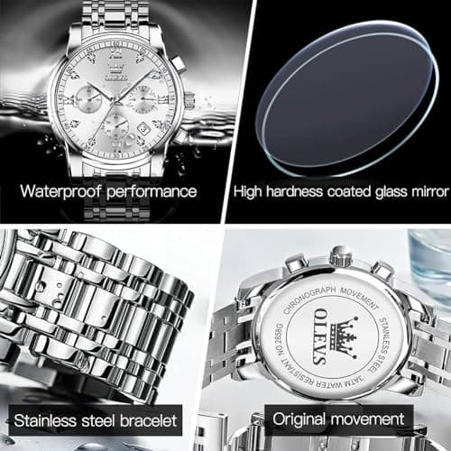 OLEVS Watch Men Silver Watches for Men Stainless Steel Analog Quartz Mens Watches Dress Waterproof Metal Band Luxury Wrist Watch for Man with Day Date Diamond Large Face Chronograph Reloj para Hombre - Thumbnail 5