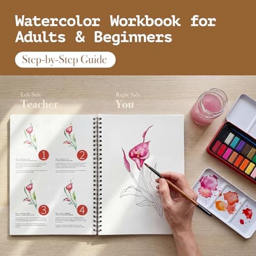 Rurolo Watercolor Workbook for Adults & Beginners - Spiral Bound Kit with 24 Paint Colors, Brushes & 300GSM Paper - Step-by-Step Flower Painting Guide for Stress Relief & Relaxation (6.5x9) - Thumbnail 2