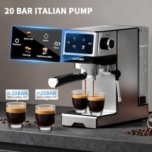 SECPOEDR 20Bar Espresso Machine with Poweful Milk Frother Rapid Cold Brew, Easy to Use Compact Espresso Maker, Fast Heat 1350W Barista-Quality Home Cappuccino Latte Machine,45oz Water Tank, Silver - Thumbnail 2