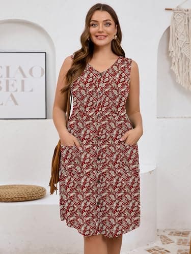 AusLook Plus Size Women Summer Dress Sleeveless V Neck Casual Cute Loose Sundress Red Paisley 5X Comfy Swing Button Down Midi Work Flowy Tunic Ladies Beach Vacation Teacher Dresses with Pockets - Thumbnail 3