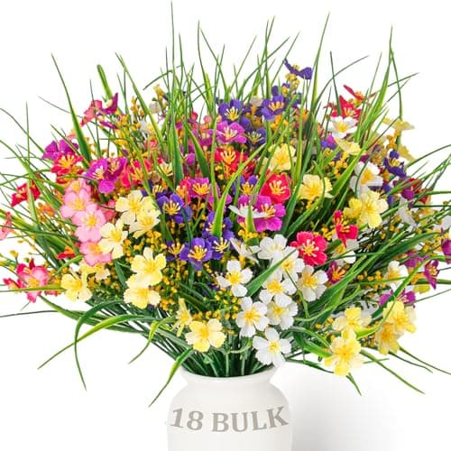 Trepcrow Faux Spring Flowers Outdoor, UV Resistant Artificial Flower Witch Weatherproof Outside,Fake Wildflowers for Garden/Planter Bed/Window Box/Porch/Yard/Patio(18 Bundles)