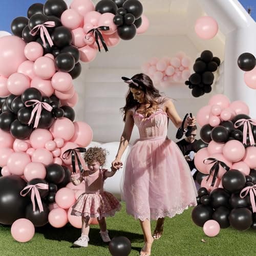 Pink Black Balloon Garland Arch Kit, 141Pcs Pink and Black Balloons Different Sizes 18 10 5 Inch and Bows for Coquette Birthday Wedding Baby Shower Bridal Shower Party Decorations - Thumbnail 3