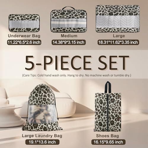 U+U 5 Set Packing Cubes for Travel Essentials Ultralight Luggage Packing Organizers with Laundry Bag and Shoe Bag for Vacation, Business Trip and Camping (Leopard) - Thumbnail 3