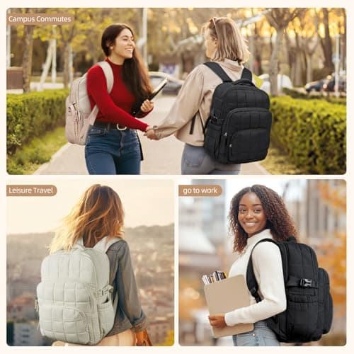 CLUCI 17.3 Inch Laptop Backpack for Women, Anti Theft Travel Backpack, Puffer Quilted Work Backpack, Water Resistant College Bookbag, Carry on backpack with RFID (Khaki) - Thumbnail 2