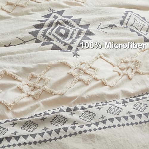 Oli Anderson Boho Duvet Cover Set King Size, Beige and Gray Color Clash 3 Pieces Microfiber Bedding Set, Durable and Super Soft Duvet Covers with Zipper and Ties, 104"*90" - Thumbnail 3