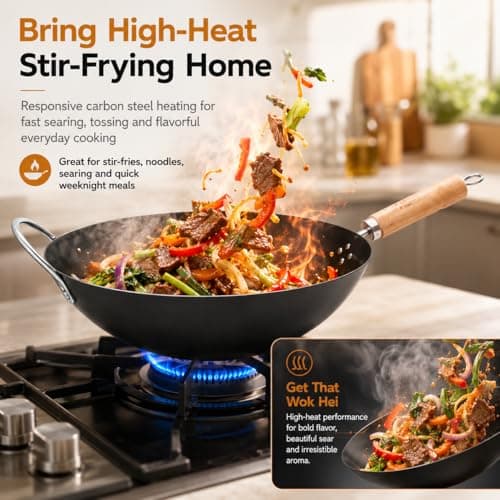 WANGYUANJI 12.6 Inch Carbon Steel Wok with Lid, Flat Bottom Wok Pan for Induction, Electric and Gas Stoves, Uncoated Chinese Stir Fry Pan with Wooden Handle - Thumbnail 3