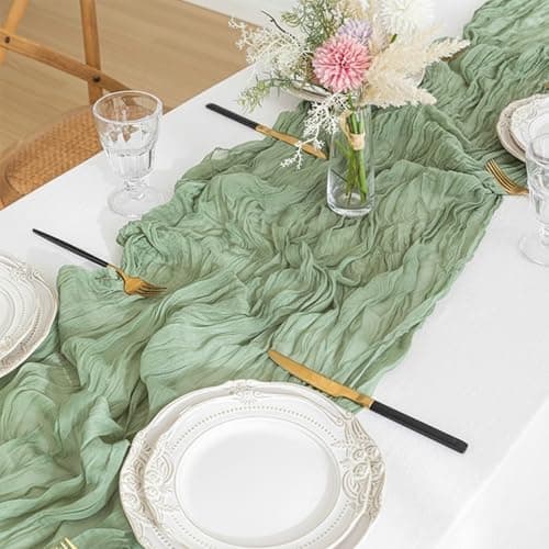 QPOR Green Cheesecloth Table Runner Boho Rustic Gauze Dusty Green Farmhouse 120 inch 10FT Cheese Cloth Runner for Wedding Party Baby Shower Birthday Holiday Home Decor - Thumbnail 4