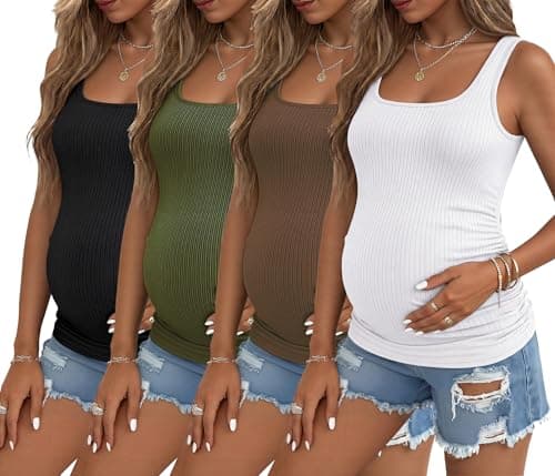 Ekouaer 4 Pack Maternity Tank Tops Ribbed Summer Pregnancy Shirts Ruch Side Tops Casual Square Neck Postpartum Clothes Black/Olive Green/Brown/White M - Image 1