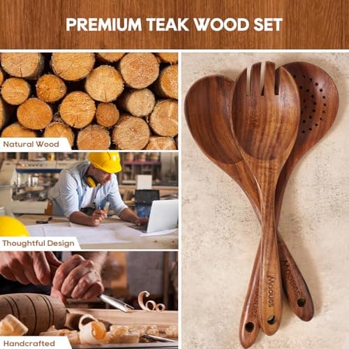 Wooden Spoons for Cooking, 10 PCS Teak Wood Cookware Utensil Set with Hooks - Smooth Finish, Non-Stick, Comfortable Grip, Heat Resistant Kitchen Utensils Gift Box - Thumbnail 4