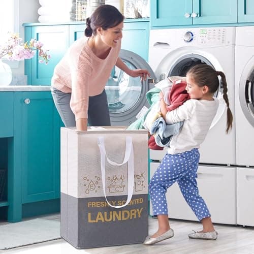 ELONG HOME 2 Pack Laundry Baskets, 92L Freestanding Laundry Basket with Handles, Waterproof Tall Collapsible Clothes Hamper for Dorm, Bedroom, Bathroom - Thumbnail 2