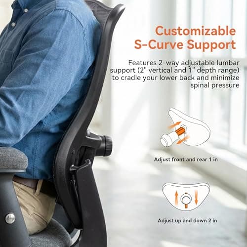 WITTLONG Big and Tall Office Chair 500lbs Heavy Duty Ergonomic Mesh Desk Chair with 23.6" Extra Wide Seat, 29.5" High Back, Adjustable Lumbar Support & Flip-Up Arms for Large Body Types (Dark Gray) - Thumbnail 5