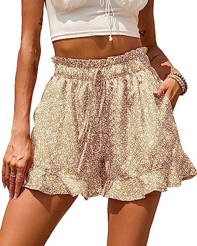 BTFBM Shorts for Women Spring Summer 2026 Beach Vacation Clothes Boho Floral Belted Casual Ruffle Short Pants Pocket Outfits(Floral Apricot, X-Large) - Image 1