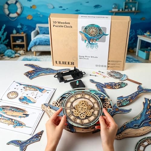 3D Puzzles for Adults Whale Clock Crafts for Adults Wooden Puzzles Home Wall Decor Pendulum Clock with Roman Numerals Gift for DIY(Deep Blue Whale) - Thumbnail 4