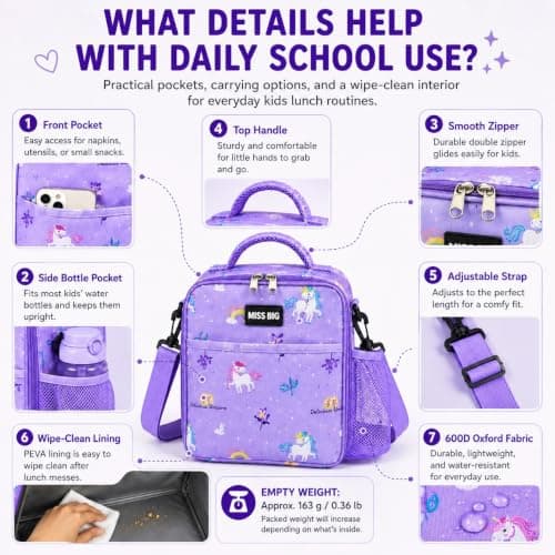 MISS BIG Purple Unicorn Kids Lunch Bag for Girls, Insulated, 5L - Thumbnail 4
