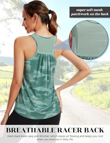 SLIMBELLE Mesh Racer Back Tank Tops Womens Gym Yoga Athletic Workout Tops Round Neck Sleeveless Loose Fit Cami with Built in Bra Green Camo 3XL - Thumbnail 3