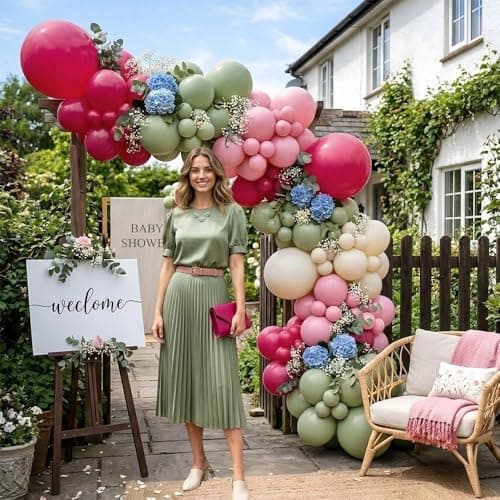 Hot Pink and Sage Green Balloon Garland Arch Kit, Double Stuffed Dusty Green Magenta & Ivory Balloon for Baby Shower, Garden Bridal Wedding, Floral Birthday, Boho Tea, Graduation,Tropical Party - Thumbnail 6