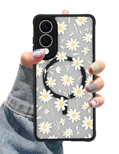 Aitipy Compatible with MagSafe Case for Samsung Galaxy S25, Cute Daisy Aesthetic Flower Pattern Magnetic Design Phone Case, Soft TPU Protective Phone Cover for Women Girls-Black - Image 1