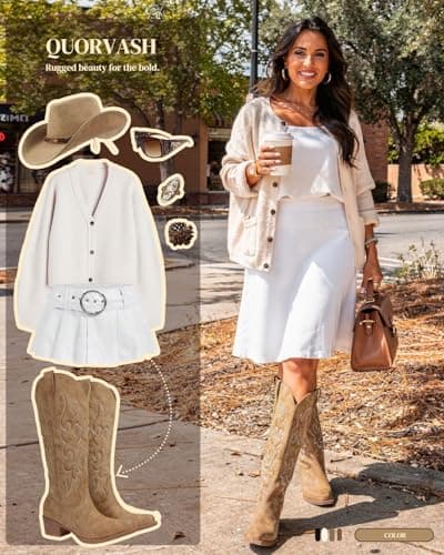 Quorvash Cowboy Boots for Women - Knee High Wide Calf Cowgirl Boots with Chunky Heel Snip Toe Side Zipper Embossed Design for Festival Prom Party Casual Outfits Camel Size 8 - Thumbnail 5