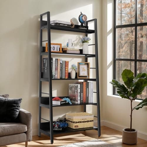 BATHWA 5 Tier Book Shelf, Industrial Bookcase and Storage Rack Accent Ladder Bookshelf, Black Wooden 28'' Wide 59''Tall Shelves Ladder Shelf for Living Room, Bedroom, Home Office - Thumbnail 2