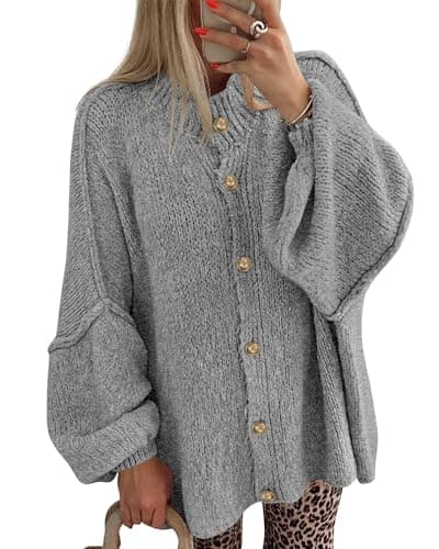 BTFBM Cardigan Sweaters for Women 2026 Fall Clothes Lantern Long Sleeve Button Open Front Chunky Knit Oversized Sweater(Grey, Small) - Image 1