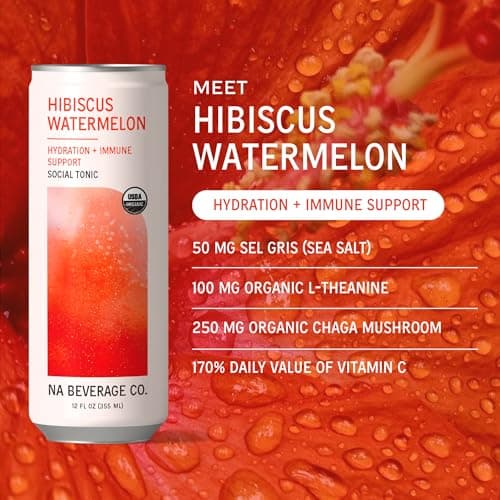 NA Beverage Social Tonic, Non-Alcoholic Functional Mocktails with Sea Salt for Hydration, Mushrooms & L-Theanine, Adaptogen Drink, Hibiscus Watermelon,12oz Cans (12 Pack) - Thumbnail 3