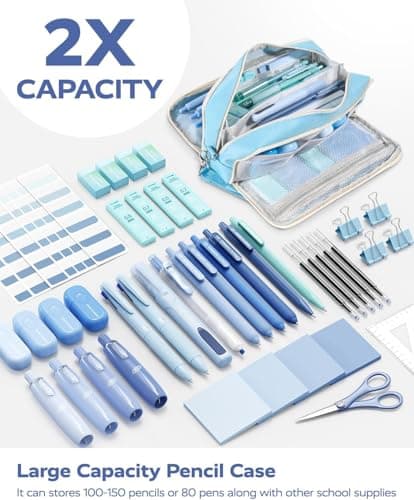 Four Candies Blue Pencil Case 3 Compartment Pouch, Large Pencil Pouch for School, Girls, Teen Boys, Women, Blue, Removable Handle & Zipper, Cute Pencil Bag for Office, College - Thumbnail 2