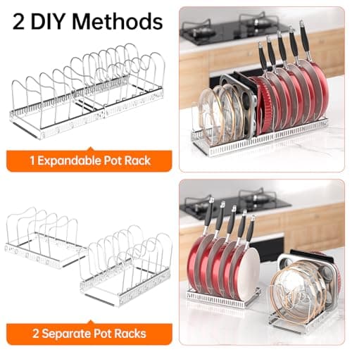 MUDEELA Pot Rack - Expandable Pots and Pans Organizer under Cabinet, Pot Lid Organizer Holder with 12 Adjustable Compartment, Kitchen Cabinet Organizer and Storage for Cutting Board, Skillets Pan - Thumbnail 6