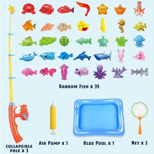 CozyBomB™ Magnetic Fishing Toys Game Set for Kids | Water Table Bathtub Kiddie Pool Party Pole Rod Net, Outdoor Plastic Floating Fish, Toddler Bath Color Ocean Sea Animals Birthday Gift Age 3-5 6 4-8 - Thumbnail 2