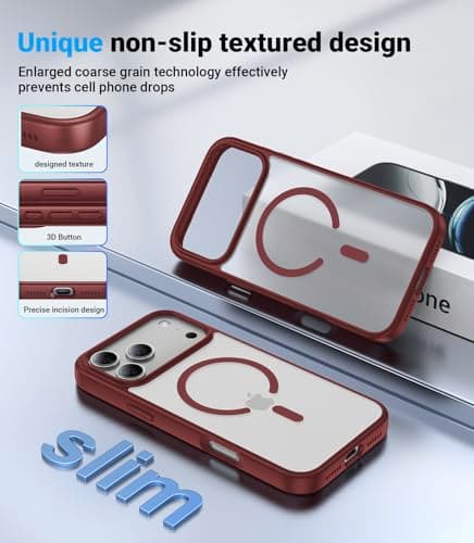Shiiuou Magnetic for iPhone 17 Pro Max Case, [Anti-Slip] [Military-Grade Drop Protection] [Camera Protection] Skin-Friendly Slim Matte Shockproof Protective Case for iPhone 17 Pro Max, Wine Red - Thumbnail 5
