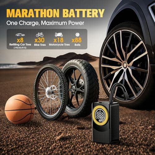 CARSUN Tire Inflator Portable Air Compressor, 150PSI Air Pump For Car Tires with Digital Pressure Gauge, LED Light and Auto Shut-Off Function Cordless Pump for Car, Motorcycle, Bicycle, Balls - Thumbnail 5