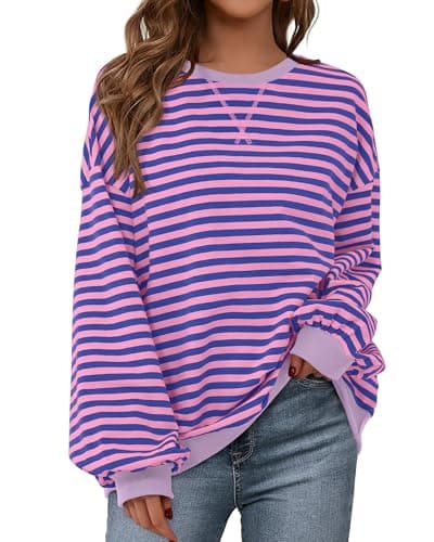 BTFBM Sweatshirt For Women 2026 Summer Crewneck Long Sleeve Oversized Striped Pullover Tops Y2K Clothes Workout Shirt(Blue Pink, X-Large) - Image 1