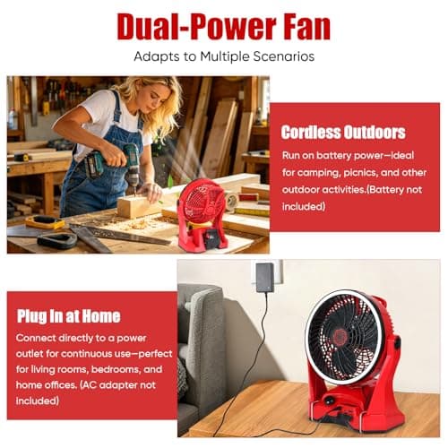 Cordless Battery Operated Fan Compatible with Milwaukee M18 18V Battery, 10in Portable Rechargeable Fan Variable Speed Hanging Hook Up to 4.5 Hrs Runtime for Camping, Jobsite, Outdoor(NO Battery) - Thumbnail 3