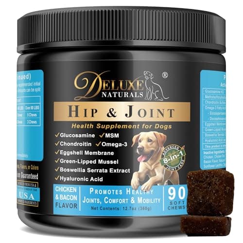 Deluxe Naturals Hip and Joint Soft Chews for Dogs – 90 Count – Glucosamine, MSM, Chondroitin, Omega-3, Green-Lipped Mussel – Promotes Mobility, Comfort, and Joint Health – Chicken & Bacon Flavor - Image 1