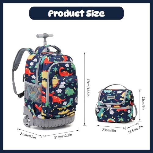 BAMIFEI 18 Inch Dinosaur Rolling Backpack for Boys, Dinosaur Wheeled Backpack Roller Backpacks Kids Backpack School Backpack, Spacious Multiple Compartments Quiet Wheels Travel Backpack for Kids - Thumbnail 2