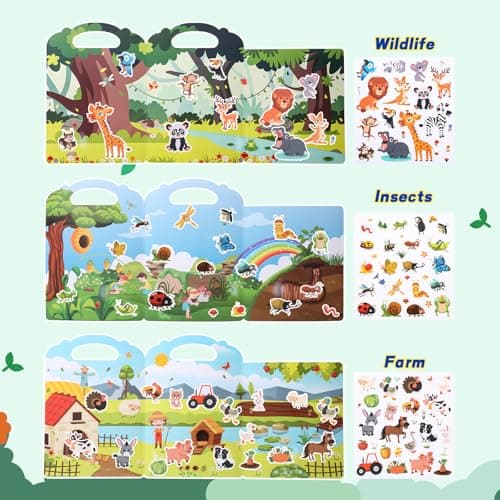 6Pcs Reusable Sticker Books, Sticker Books for Toddlers 2-4 Years, Vehicles Insects Animals Dinosaurs Stickers Scenes for Crafts Parties Travel Boys Girls Gifts - Thumbnail 5