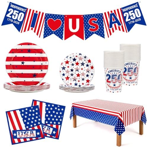 Qidejoy 4th of July Party Supplies, American Flag Patriotic Decorations, USA 250th Anniversary, Memorial Day Decorations, Disposable Paper Plates, Cups, Banner, Tablecloth and Napkins Sets, Serve 24