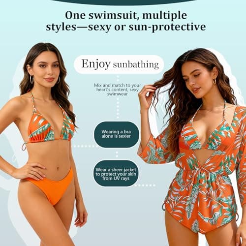 Bolsamila Women's 3 Pieces Swimsuit Mesh Skirt Halter Triangle Bikini Sets Bathing Suit with Beach Cover Ups Orange XX-Large - Thumbnail 4