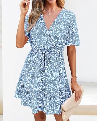 KIRUNDO Womens Summer Dresses 2026 Casual Spring Short Sleeve V Neck Ruffle Floral Print High Waist Belted Flowy Mini Dress(Medium, Light Blue) - Thumbnail 4