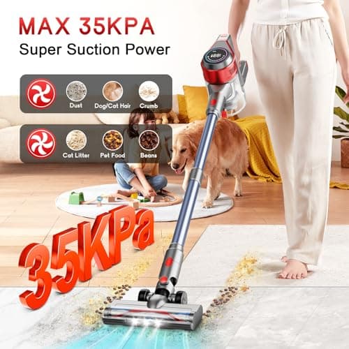 BSNAW Cordless Stick Vacuum Cleaner - Rechargeable, 35Kpa Powerful Vacuums with Detachable Battery, LED Display, 45Mins Runtime, 8 in 1 Handheld Vacuum for Hardfloor & Carpets Pet Hair, Red - Thumbnail 2