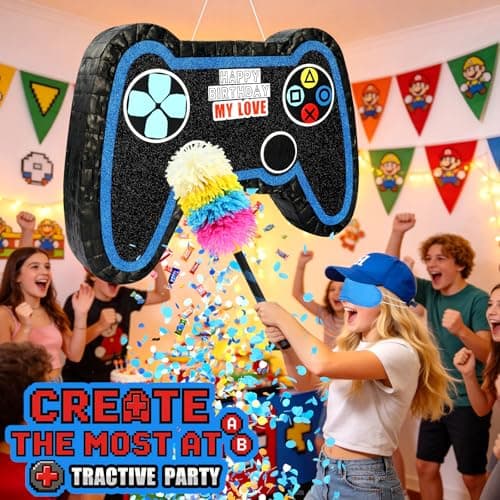 Large Video Game Controller Pinata with Stick and Blindfold - Heavy Duty Gamepad Pinata for Boys Birthday Party Supplies - Level Up Gamer Themed Party Decorations and Interactive Games - Thumbnail 2