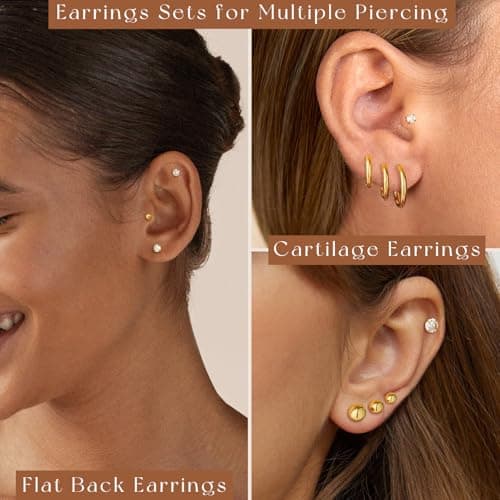 adoyi Gold Hoop Earrings for Women Stainless Steel Earrings for Sensitive Ears 14K Gold Plated Flat Back Studs Cartilage Hoops Earring for Women Lightweight Jewelry Gifts - Thumbnail 3