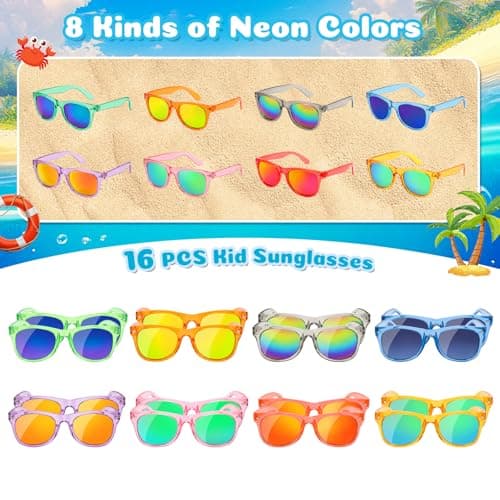 Froman Kids Sunglasses Bulk - 16 Pack Party Favors for Boys Girls Ages 3-8, Neon Colors with UV 400 Protection, Birthday Goodie Bag Stuffers - Thumbnail 2