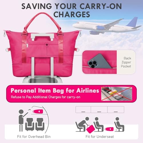 WOOMADA Weekender Overnight Bag for Women, Shoulder Travel Duffel with Shoes Compartment,Gym Bag with Toiletry Bag Large Size(hot pink) - Thumbnail 6