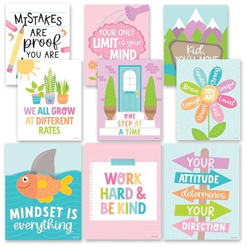 Hadley Designs Motivational Poster for Classroom Decor - 9 Growth Mindset Classroom Posters Elementary, Inspirational Wall Decor Middle School, Teacher Must Haves, Pastel Bulletin Board Decorations