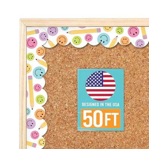 50ft Bulletin Board Borders Trim - Classroom Borders for Bulletin Board Decorations, Teacher Supplies for Classroom Decor Preschool, Kindergarten & Elementary, Smiley Scalloped Boarders
