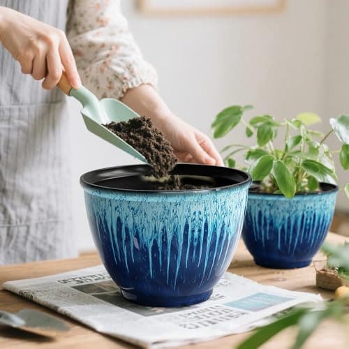 Flower Pots, 8 Inch Plastic Plant Pots for Plants, Set of 4 Planter for Indoor Outdoor Plants with Drainage Hole, Sleek Small Nursery Planting Pot for Home Garden Outdoor Planters(Blue Glaze) - Thumbnail 5