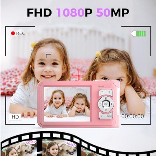 Digital Camera,Pink Digital Camera for Kids Teens 3-18, 50MP FHD 1080P Compact Camera with GB Card, 16X Zoom Anti-Shake,Webcam for PC,Christmas Birthday Gifts for Girl Boys 3-12, 13-18 Years Old - Thumbnail 3