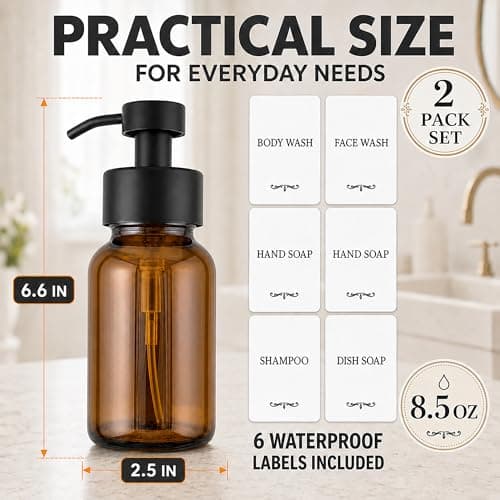 2 Pcs Amber Glass Foaming Soap Dispenser with Pump - 8.5 Oz Stylish Foaming Soap Dispenser Glass with Durable Plastic Pump for Bathroom or Kitchen Use - Non-Slip Bottom, 6 Waterproof Label Stickers - Thumbnail 2